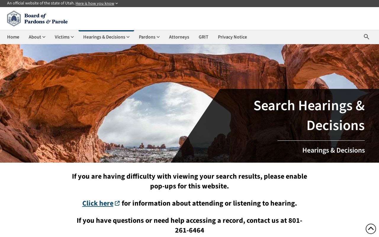 Millard County parole hearing and decision record search