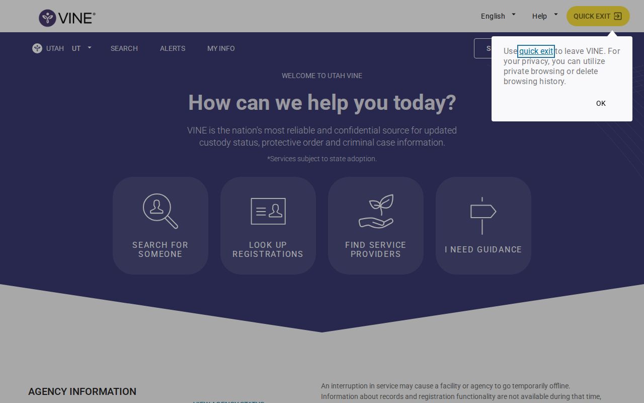 Millard County VINELink inmate search and release status screen